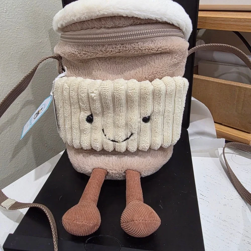 Jellycat Amuseables Coffee-To-Go Bag Plush Crossbody Purse NWT Tan Cream